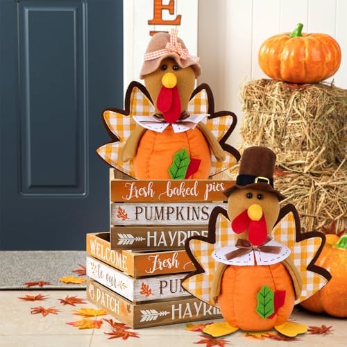 BWFY 2PC Thanksgiving Plush Turkey Couple Doll, Hand Filled Desktop Decoration, Autumn Harvest Pilgrimage Turkey Decoration Home and Desktop Cute Ornaments
