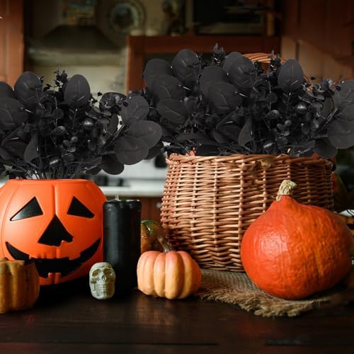 ZeKonan 40 Pcs Artificial Black Eucalyptus Stems Fake Halloween Flowers 11" Mixed Faux Eucalyptus Leaves Plant for Wedding Vase Center Bouquet Flower Arrangement, Halloween Fall Home Decor
