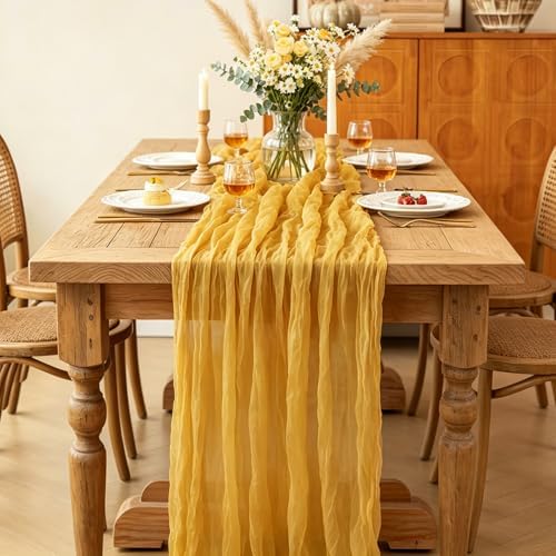 6Pcs Yellow Table Runner, 10FT Rustic Gauze Gold Table Runner 35*120inch Boho Table Runners for Wedding Bridal Shower Birthday Baby Shower Table Centerpiece Decorations