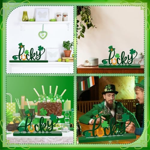Cinnvoice St. Patrick's Day Table Sign Decoration Lucky Metal Tabletop Centerpiece Signs Letter Wood Centerpiece with Clover for St Patrick's Day Tiered Tray Decorations for Irish