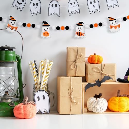 Whaline Halloween Felt Banner Cute 3D Ghost Hanging Garland Black Orange White Pom Ball Banner for Home Mantel Wall Window Decor Trick or Treat Party Supplies