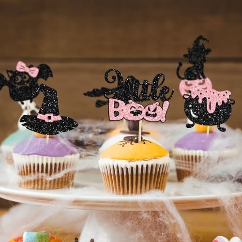 Gyufise 24Pcs Halloween Cupcake Toppers Glitter Pink Ghost Little Boo Bat Witch Cat Pumpkin Cupcake for Halloween Theme Baby Shower Birthday Party Cake Decorations Supplies