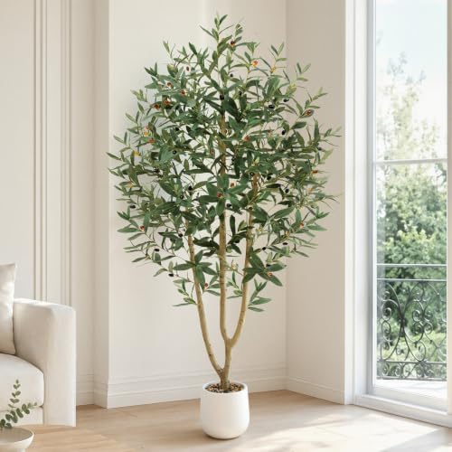 7ft Artificial Olive Tree with Tall Exquisite Planter | Realistic Faux Olive Tree with Thick Trunk and Lifelike Leaves