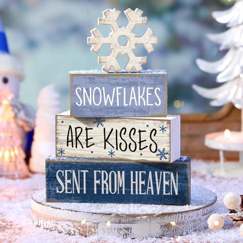 Lineshading 4 Pcs Christmas Snowflake Table Decor, Winter Wood Sign Home