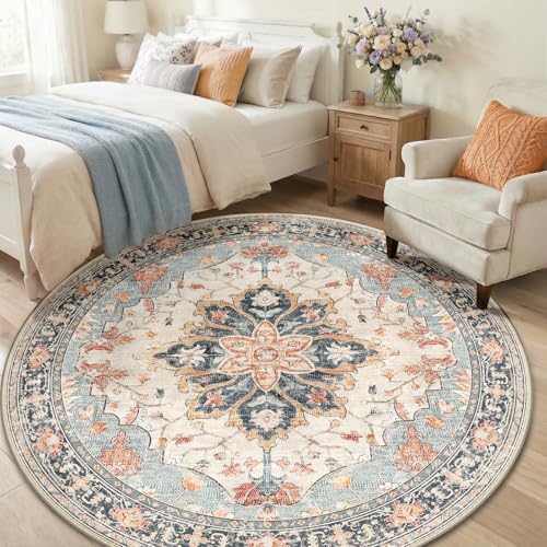 RELEANY Washable Area Rug, Round 6ft, Beige/Blue/Orange