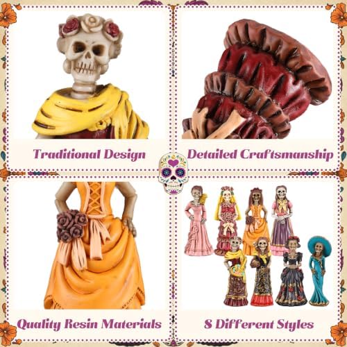 Simgoing 8 Pcs Day of The Dead Figurine Catrina Statue Altar Decoration