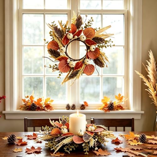 4 Pcs Fall Candle Rings 12 Inch Thanksgiving Autumn Pumpkins Wreaths