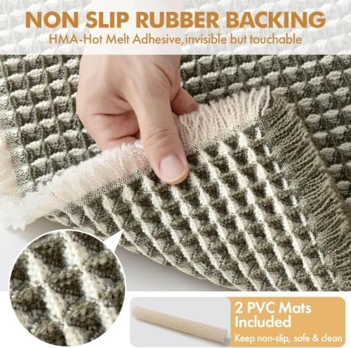 MIULEE Set of 2 Waffle Bathroom Rugs Green&Cream Bath Mat 17"x24"+18"x30"