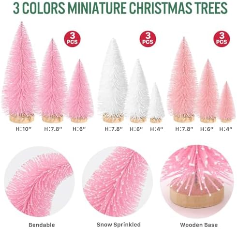 9Pcs Mini Christmas Trees Christmas Decor Artificial Christmas Decorations with 4 Sizes, Christmas Tree Bottle Brush Trees Christmas Table Decorations (Pink Light Pink White)