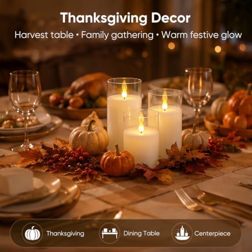 Homemory Pure White Flameless Candles, Battery Operated Acrylic LED Pillar Candles with Remote Timer, Realistic Flickering Fake Candles for Home Decor, Christmas, Wedding, Church, Set of 3