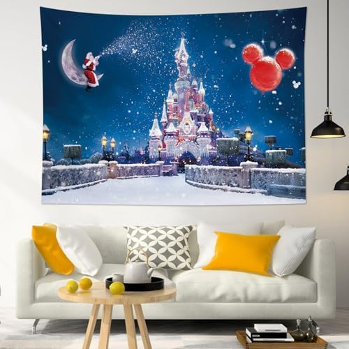 HVEST Castle Tapestry Santa Claus on Moon with Snowflake Wall Hanging Winter Scenery Tapestries for Bedroom,Living Room,Dorm Party Wall Decor,92.5Wx70.9H inches