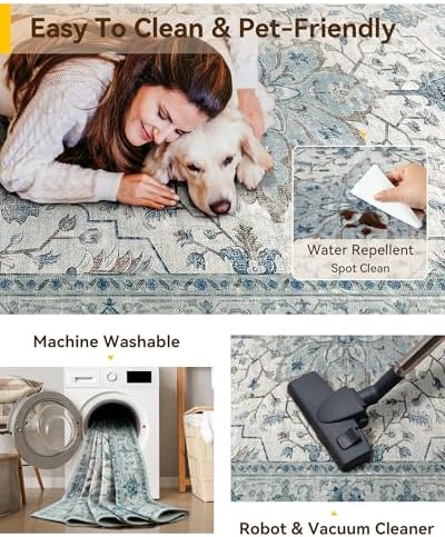 RELEANY Washable Area Rug, Runner 2'x8', Blue/White/Gray
