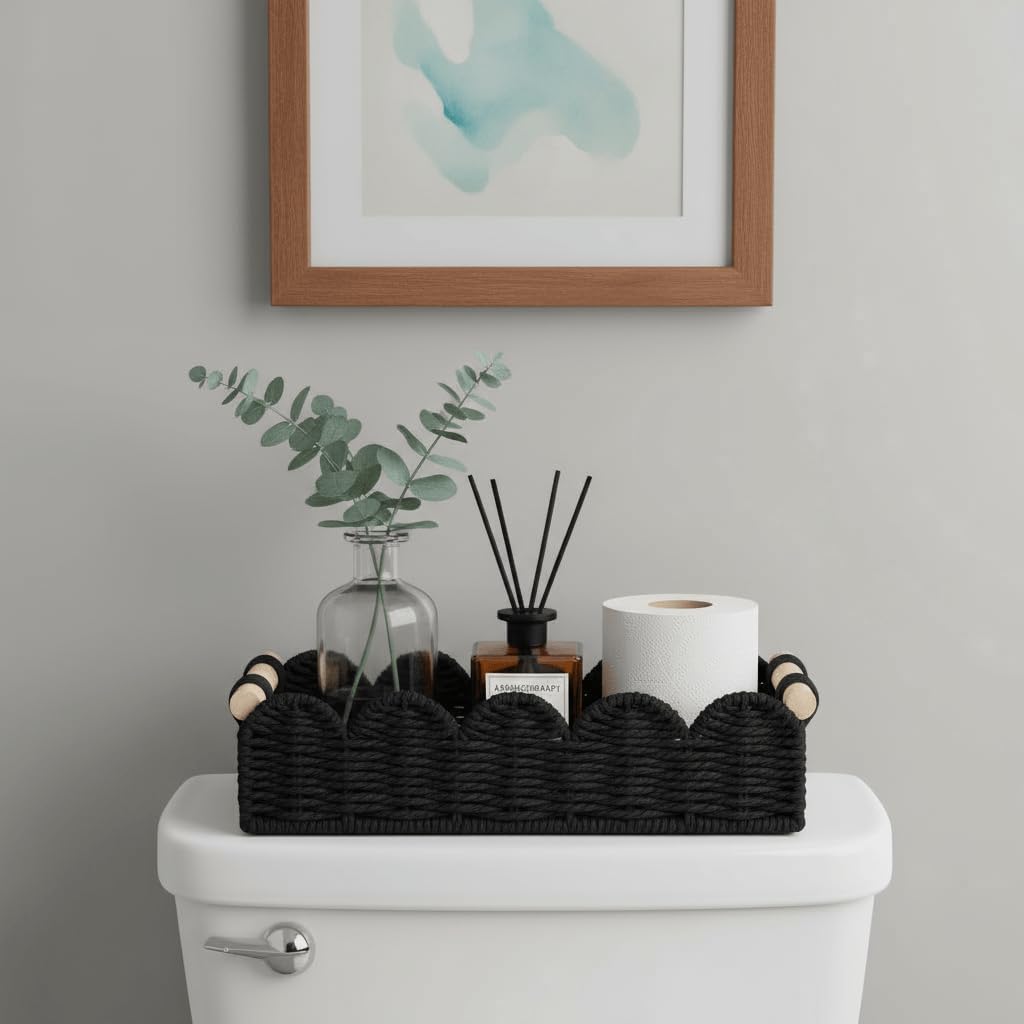 Small Wicker Toilet Tank Top Decorative Baskets for Countertop / Black / 12.99 x 6.3 x 3.15 / S - In