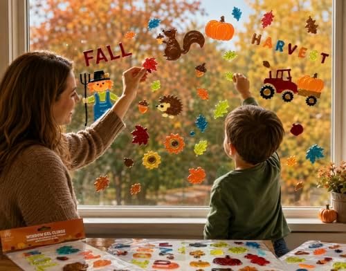 Fall Thanksgiving Window Gel Clings for Glass & Mirrors, 6 Reusable Sheets