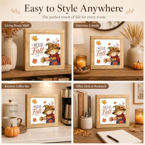 Fall Wood Sign, Hello Fall Scarecrow and Maple Leaf Tabletop Decor