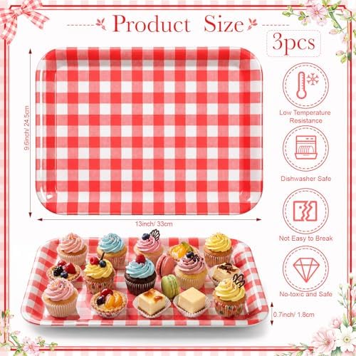 Vesici 3 Pcs Red Gingham Serving Trays 13 x 10 Inch Plaid Melamine Platter