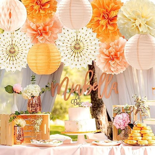 Beige-Orange Peach Fall Party-Decorations Paper-Lanterns- 14pcs Autumn Thanksgiving Harvest Birthday Boho Streamers Fan,Tissue Pom Poms, Baby Bridal Shower Wedding Engagement Decor Lasting Surprise