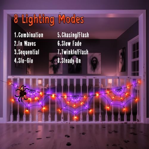 Halloween Decorations Spider Web Lights 6FT 60LED Battery Operated/USB Powered with Black Spider with Timer 8 Modes Indoor Outdoor for Halloween Decor, Orange&Purple