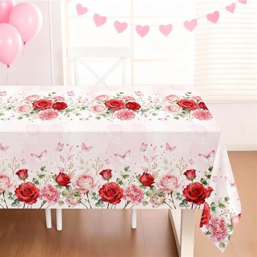 Childom 3 Pack Pink Tablecloth,Floral Tablecloth,54" x 108" Disposable Plastic Table Cloth for Rectangle,Pink Table Cover for Birthday Decorations,Party Supplies,Butterfly Decorations