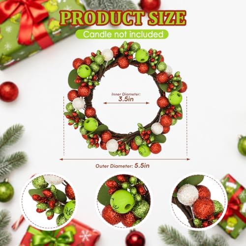 4 Pack Green Christmas Table Candle Rings, Farmhouse Berry Wreaths