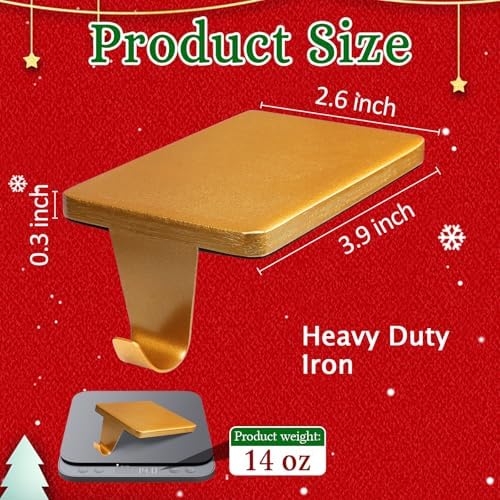 HMASYO Christmas Stocking Holders for Mantle Set of 2, Gold Heavy Duty Iron Stocking Hangers Base, Low Profile Weighted Stocking Holder Hooks for Fireplace Tabletop Shelf Christmas Decoration