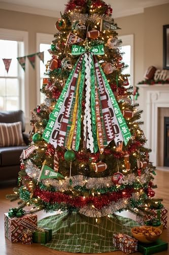 Football Wreath Sash with 9 Ribbon Streamers, Winter Bow for Front Door, Game Day Burlap Decor, Sparkle Decorations 27.5 Inch