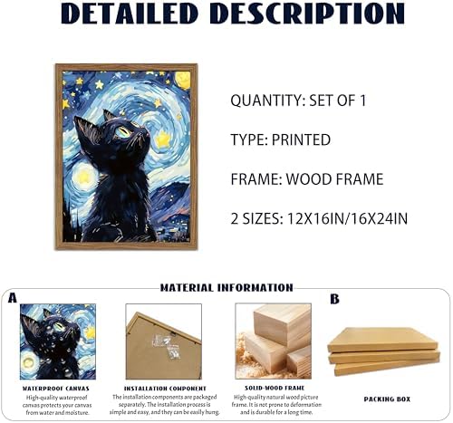 Framed Black Cat Wall Art, Van Gogh Starry Night Canvas Wall Decor, Cute Cat Animal Poster Print Picture, Impressionist