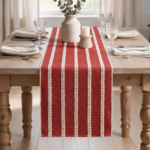 Artoid Mode Red Farmhouse Dashed Stripe Table Runner, Seasonal Holiday Christmas Boho Rustic Kitchen Dining Table Decoration for Home Party Decor 12x36 Inch