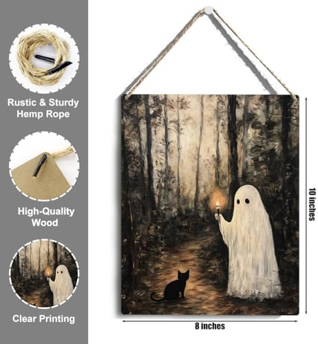 Cute Halloween Decorations Indoor: Funny Spooky Wooden Hanging Sign - Ghost Black Cat in Forest Door Sign Farmhouse Home Room Decor
