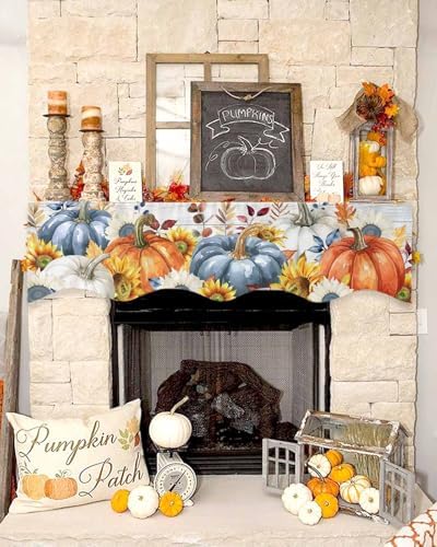 Fall Mantel Scarf for Fireplace, Orange Blue Pumpkin Sunflower Wood Grain Fireplace Cover Decorations Indoor Thanksgiving Mantel Top Scarf Runner for Seasonal Autumn Holiday Party, 17 x 90 Inch