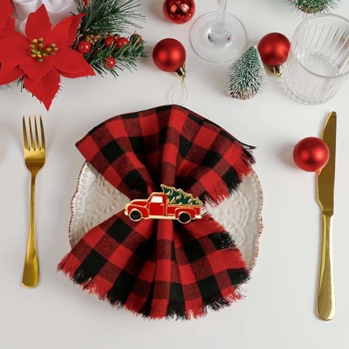 Christmas Car and Tree Napkin Rings Set of 6, Xmas Festive Holiday Red and Green Napkin Rings Holder for Christmas,Thanksgiving,Dinner Party Table Decoration