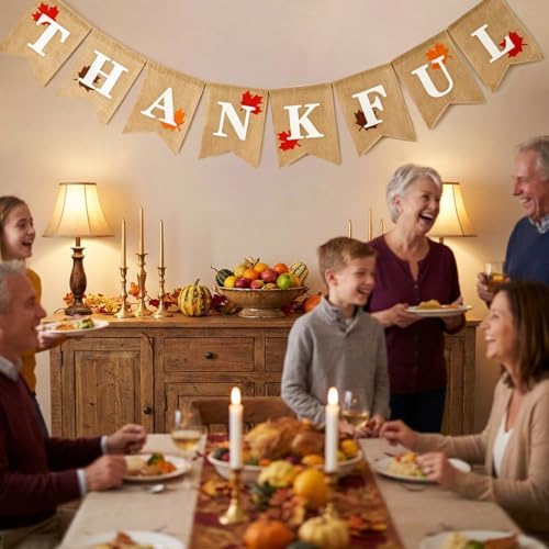 Whaline Thankful Burlap Banner Rustic Thanksgiving Garland Fall Maple Leaves Decorations Thanksgiving Mantel Fireplace Wall Hanging for Autumn Harvest Thankful Party Home Decor