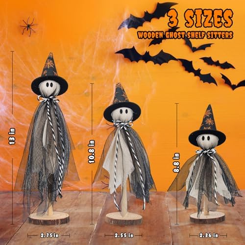 Halloween Decorations Ghost Shelf Sitters – Set of 3 Wooden Halloween decor with Witch Hats – Fabric Ghost Figures with Spiderweb Design – Table Decor for Tiered Tray, Mantel, Party Supplies(Black)