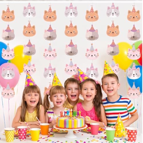 Xinnun 8 Pcs Cat Birthday Party Decorations Pink Kitten Cat Garland Banners