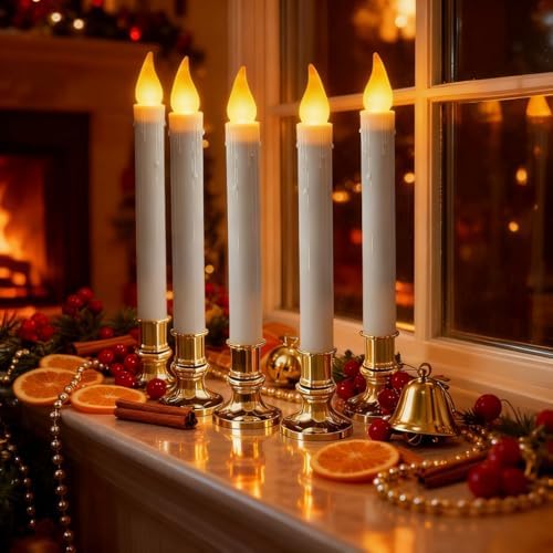 Flameless Taper Candles with Suction Cups, 9.3in, Gold, 6pcs