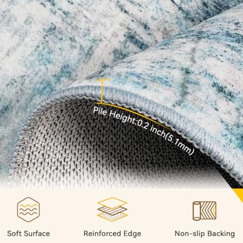 RELEANY Washable 5'x7' Abstract Area Rug for Living Room Teal Blue