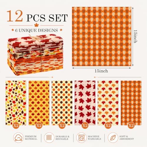 Mixweer 12 Pack Fall Thanksgiving Cloth Napkins Bulk, 15 x 15 Inch