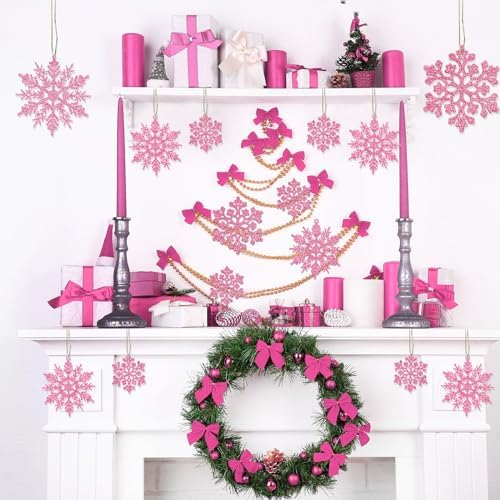 36pcs Christmas Light Pink Snowflake Ornaments Plastic Glitter Snow Flakes Ornaments for Winter Christmas Tree Decorations Size Varies Craft Snowflakes