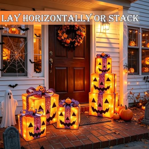 [ 8 Modes & Timer ] 3 Pack Lighted Halloween Pumpkin Decorations Gift Box