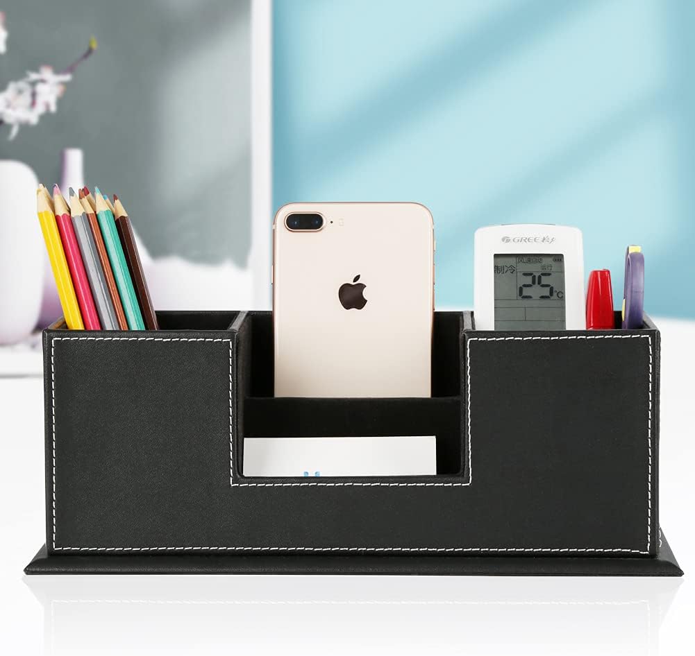 KINGFOM™ Double Holder Leather Multi-Function Desk Stationery Organizer Pen Pencil Holder Black