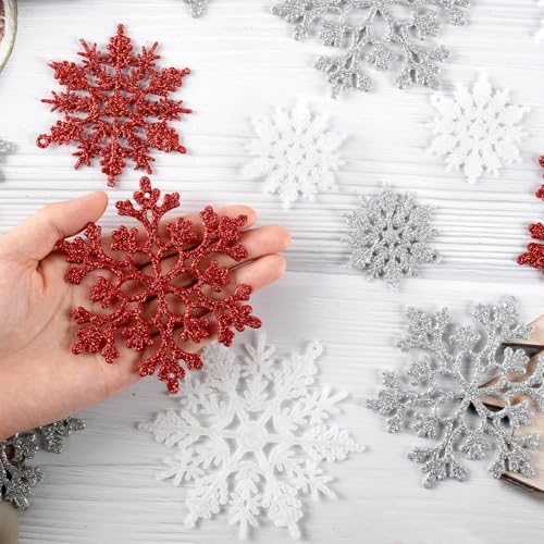 36pcs White Silver and Red Christmas Snowflake Ornaments, Plastic Glitter Hanging Snow Flakes for Christmas Tree Decorations Winter Wonderland Frozen Birthday Party Home Decor Craft Snowflakes