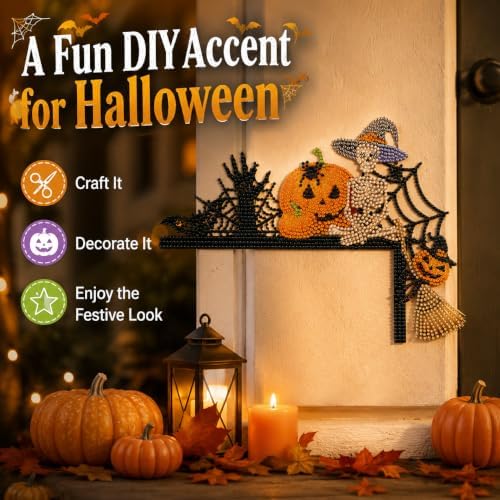 DIY Halloween Witch Pumpkin Diamond Art Wooden Door Corner Decoration, Halloween Frame Sign Kit, Creative Wall Art Mosaic Frame Sign for Home Decor & Gifts