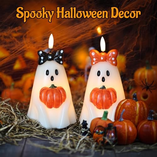 Halloween Ghost Flameless Candles with 6H Timer Hand-Painted Bows