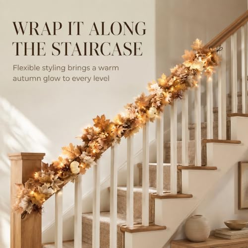 Fall Decor Garland with Lights, 6Ft, 30 Warm LED, White Pumpkins
