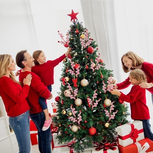Sggvecsy 6 Pcs Christmas Tree Decoration Candy Cane Woolen Bells Candy Shape Christmas Tree Picks Christmas Bell Curly Picks Ornaments Xmas Tree Topper for Vase Filler Office Home Decor (Red)