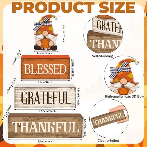 Lineshading 4 Pcs Fall Gnome Block Signs Thanksgiving Tiered Tray Decor