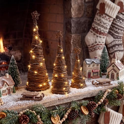 Rattan Woven Christmas Cone Tree Lighted Fireplace Mantle Decor