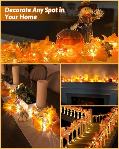 2Pack [8 Lighting Modes & Timer] Fall Decor Maple Leaf Garland with Lights 80LED Battery Operated Waterproof, Fall Decorations for Home Outdoor Indoor Thanksgiving Decor Halloween Friendsgiving Autumn