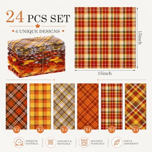Mixweer 24 Pack Fall Thanksgiving Cloth Napkins Bulk, 15 x 15 Inch