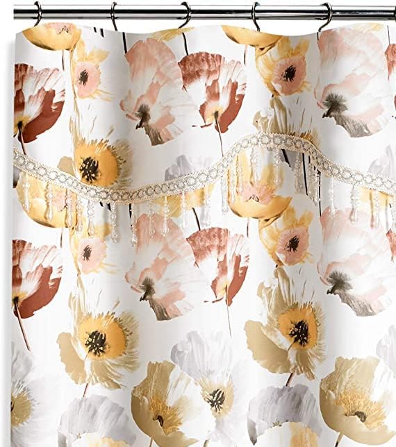Zahari Home 13pc Poppy Fields Bathroom Shower Curtain Set Yellow Shower Curtain & 12 Shower Curtain Hooks Luxury